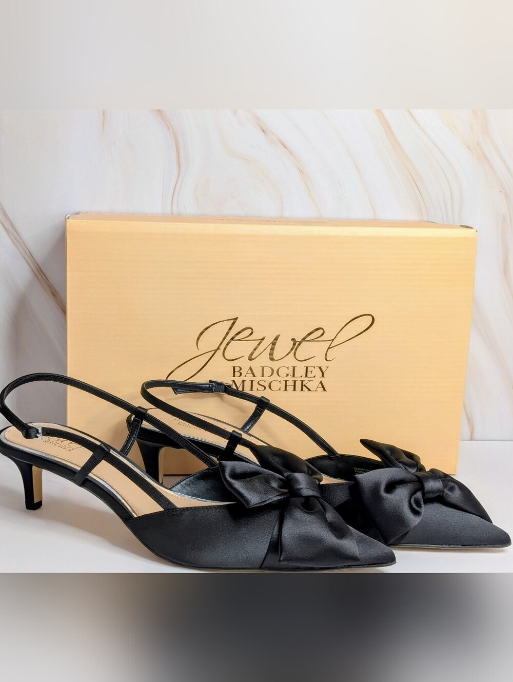 Jewel Badgley Mischka Black Satin Bow Slingback Pumps Size 8 NIB